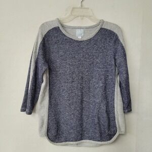 Sunday Pullover Top Womens Medium Knit Sweater Gray Blue 3/4 Sleeve French Terry